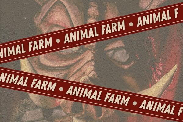 Animal farm banners with boars head in background