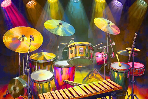 artwork of various percussion instruments in red, yellow, and blue colours