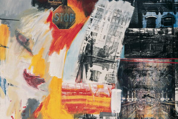 collage of artwork with buildings and signage